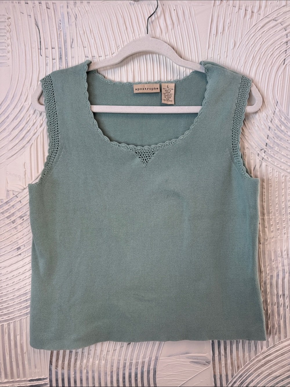 Vintage Apostrophe Seafoam Knit Tank Top with Crochet Trim N0652